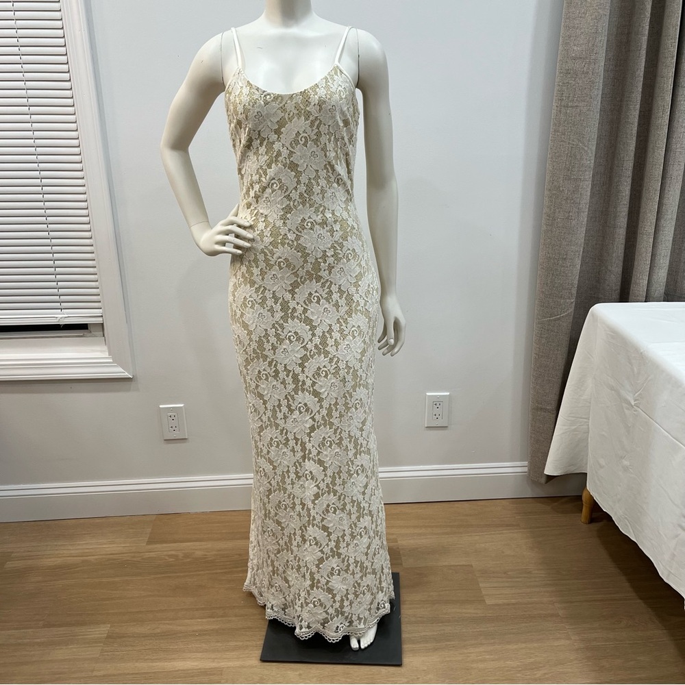 Vintage Jessica McCLintock Lace cream and gold sexy backless maxi dress size 12